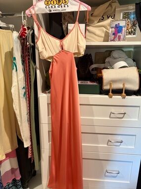 Maxi Slip Dress in Coral and Cream with Delicate Straps